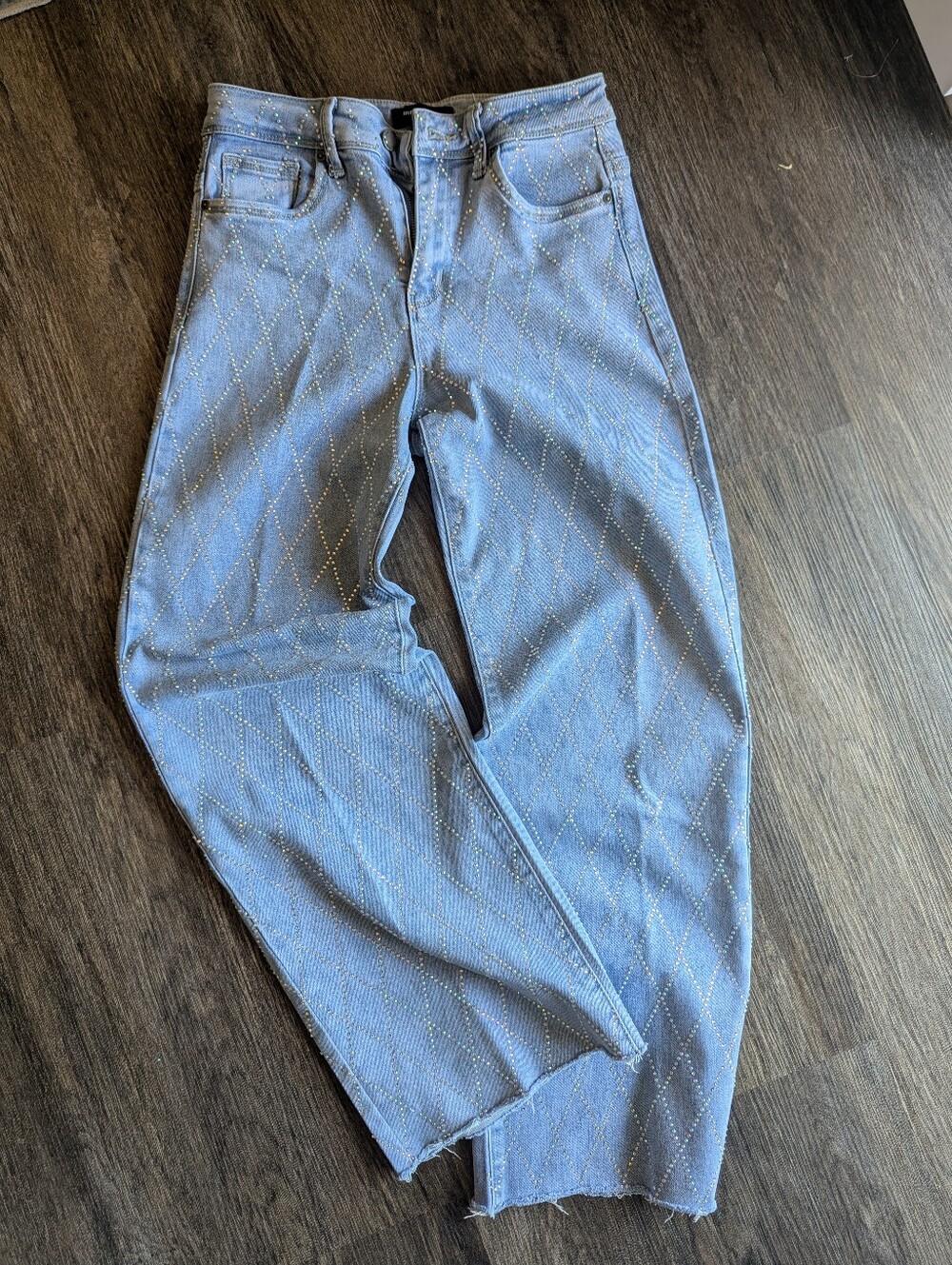 Fire & Rain Light Blue Women's Wide Leg Jeans with Rhinestone Diamond Pattern.